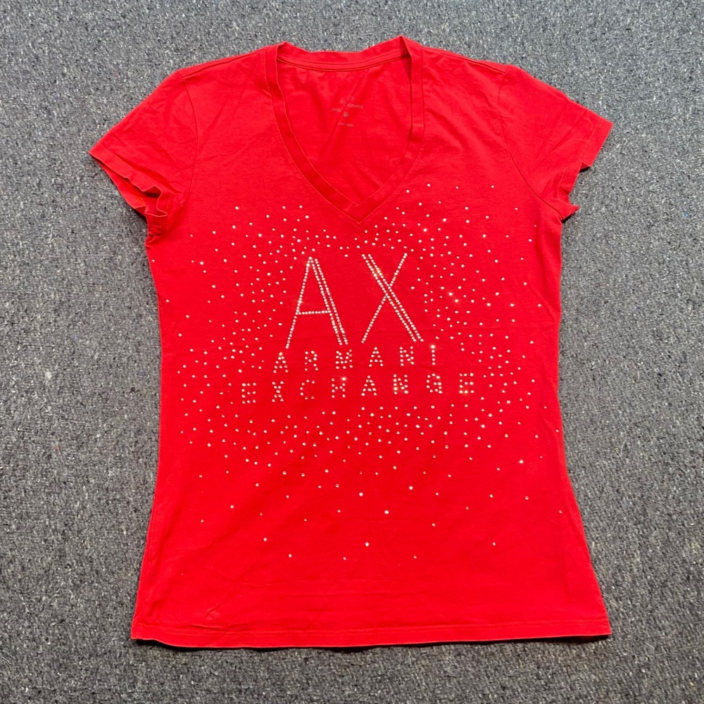 Armani Exchange TShirt Sz M Womens Red Y2K Rhinestone Logo Bling VNeck Top